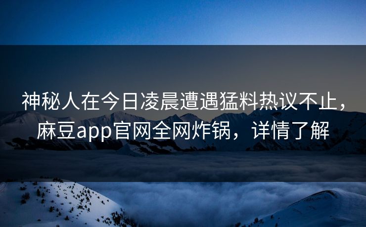 神秘人在今日凌晨遭遇猛料热议不止，麻豆app官网全网炸锅，详情了解